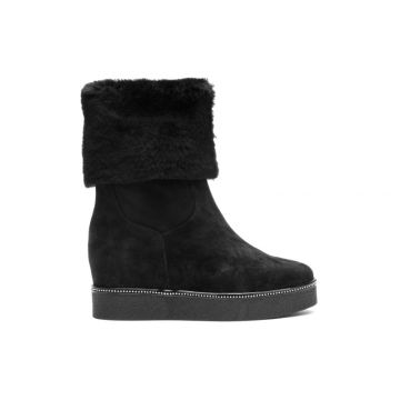 SUEDE AND SHEARLING WEDGED BOOTS